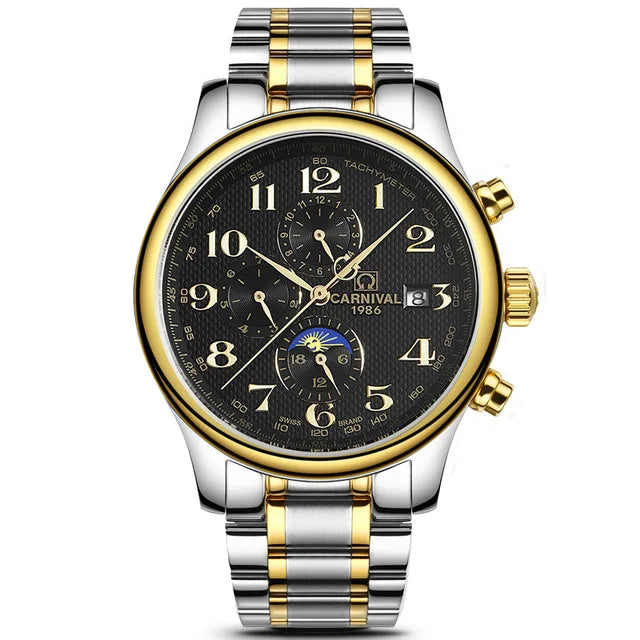 Carnival Brand Automatic Watch, Fashion Luxury Waterproof Calendar with Moon Phase, Mechanical Watches for Men