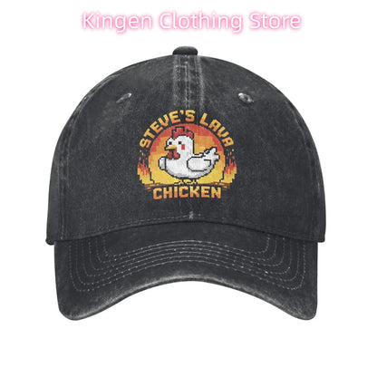 Unisex „Chicken Jockey Lava“ kepurė su vištos atvaizdu, „Steves“ stiliaus, madinga, dirbtinai susidėvėjusi, išplauta beisbolo kepurė su reguliuojamu dydžiu