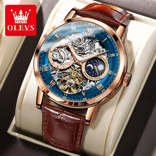OLEVS Top Brand Men's Skeleton Mechanical Watch, Waterproof Leather Strap, Moon Phase, Automatic Tourbillon Wristwatch