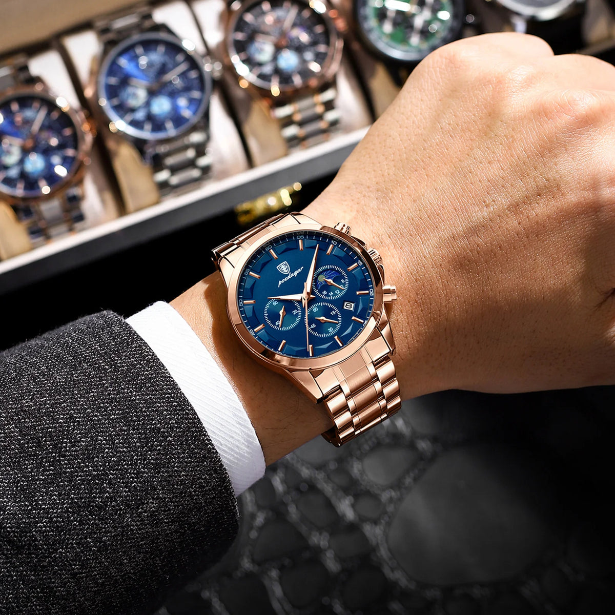 Orologio da polso di lusso da uomo POEDAGAR, stile militare, impermeabile, luminescente, cronografo, in acciaio inossidabile, al quarzo, con custodia.