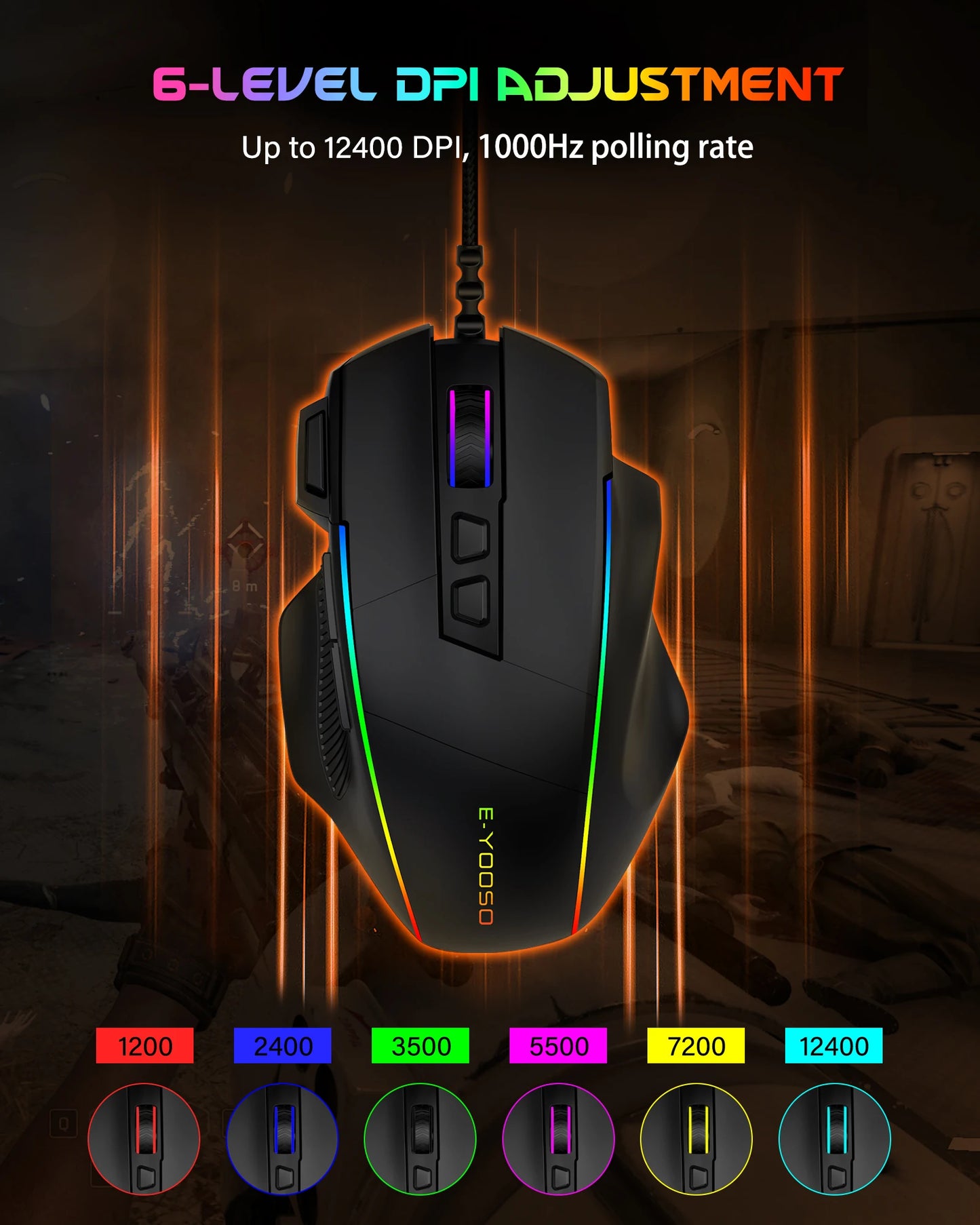 Mouse da gaming cablato E-YOOSO X49, 12400 DPI regolabili, retroilluminazione RGB, 8 pulsanti programmabili, mouse ergonomico per gamer per PC e laptop