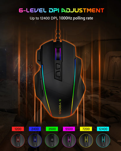 Mouse da gaming cablato E-YOOSO X49, 12400 DPI regolabili, retroilluminazione RGB, 8 pulsanti programmabili, mouse ergonomico per gamer per PC e laptop
