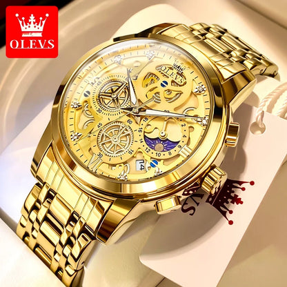 OLEVS men’s watch – Luxury model, water-resistant, quartz, skeletonised style, 24-hour display (day/night), gold colour