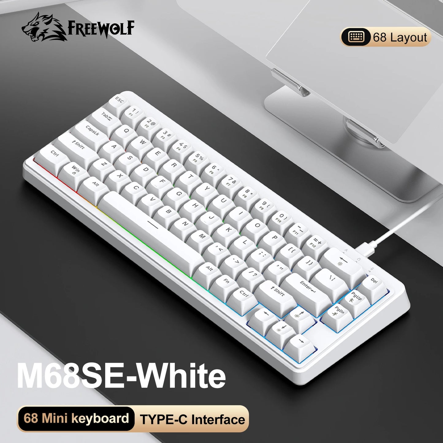 FREEWOLF M68SE Tastatur mit mechanischem Tippgefühl, 68 Tasten, Mini, kabelgebunden, kompakt und leise, für Laptops, Gaming und Bürogebrauch