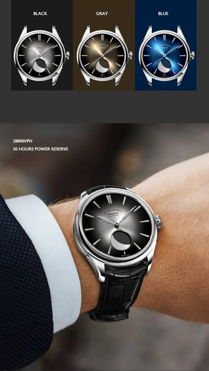 Borman Men's Automatic Watches, Luxury Moon Phase Mechanical Wristwatch, Fashionable 50M Waterproof with Sapphire Leather Strap