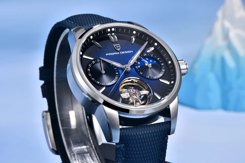 PAGANI DESIGN – Orologio meccanico di lusso da uomo, 41 mm, vetro zaffiro, cinturino in pelle, impermeabile, stile pilota, con tourbillon e fasi lunari