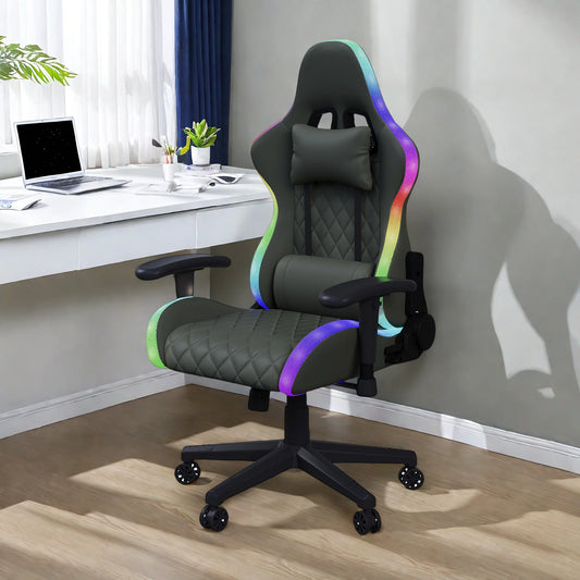 Rosahqnda Gaming Chair with Massage Function, Adjustable Office Chair, Gamer Chair with LED, Lumbar Cushion, Pillow, 150 KG