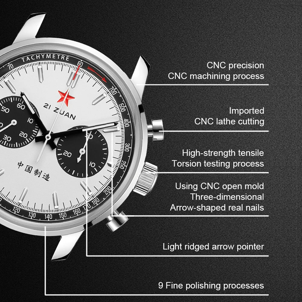 Red Star Panda Mens 1963 Chronograph Mechanical Wristwatch Seagull st1901 Movement Gooseneck 40mm Luminous Sapphire Pilot Watch