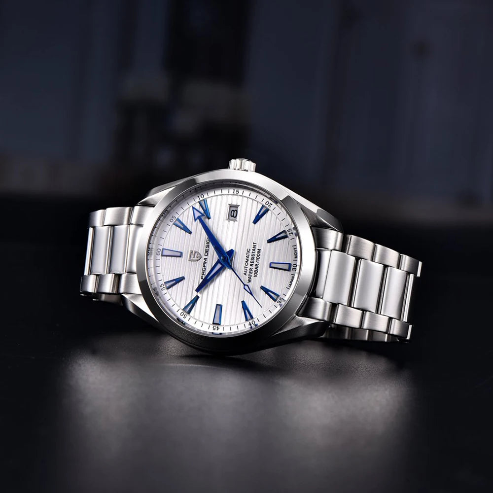 Luxusuhr für Herren von PAGANI DESIGN – Mechanisches Automatikmodell (Kaliber 8215), aus Edelstahl, wasserdicht, mit Datumsanzeige und leuchtenden Zeigern