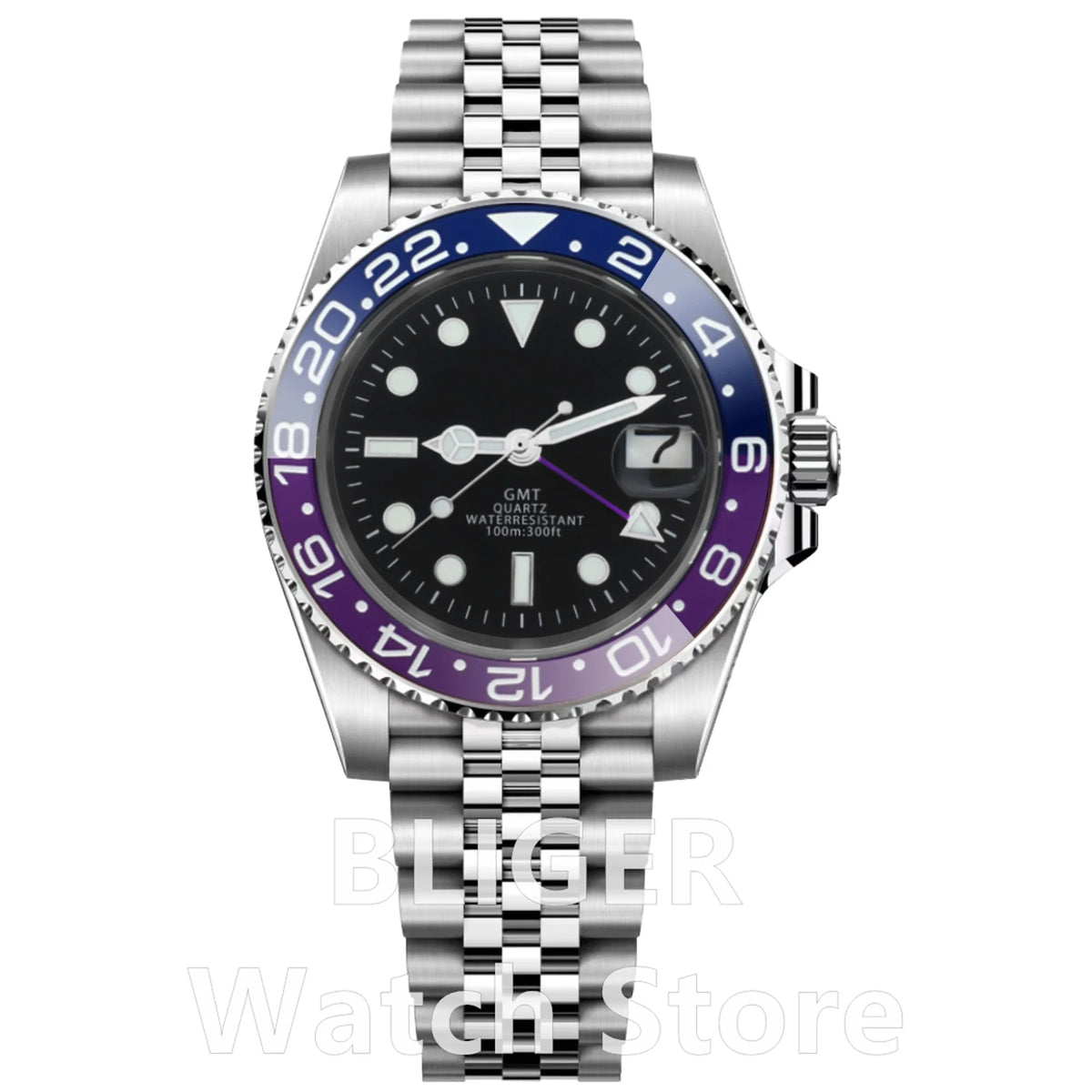BLIGER 40mm 515 24H GMT Men's Watch Stainless Steel Clasp Luminous Quartz Movement Ceramic Bezel Sapphire Glass 10Bar Waterproof