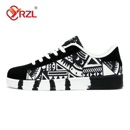 YRZL Men's Sports Running Shoes Canvas Geometric Style Lace-Up Sneakers Couples' Fashionable Graffiti Print Skate Shoes