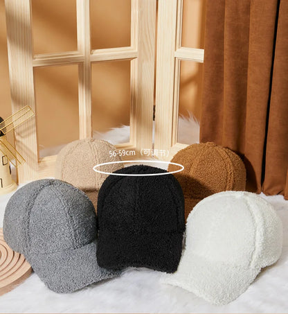 Winter Solid Color M-Label Lamb Wool Baseball Cap for Women, Outdoor Warm Casual Fashion Versatile Plush Duckbill Cap