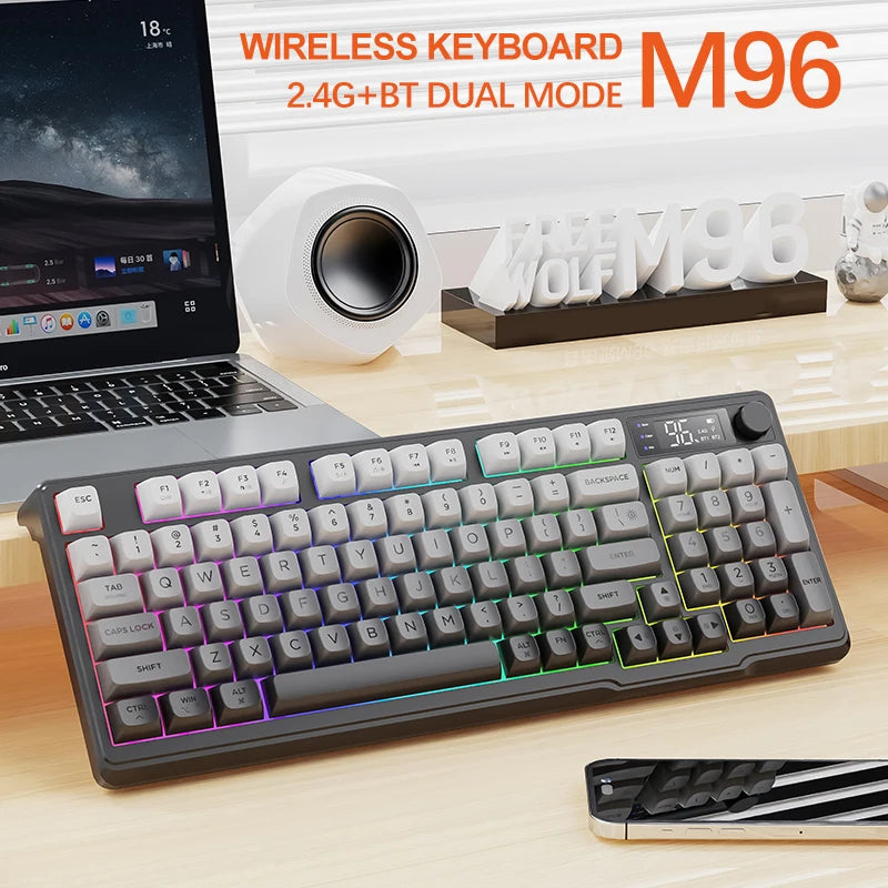 M96 Bluetooth-Tastatur Kabellose FREEWOLF Bildschirm-Gaming-Tastatur, elektronischer Bildschirm, Multi-Device-Verbindung, ergonomisches Gaming