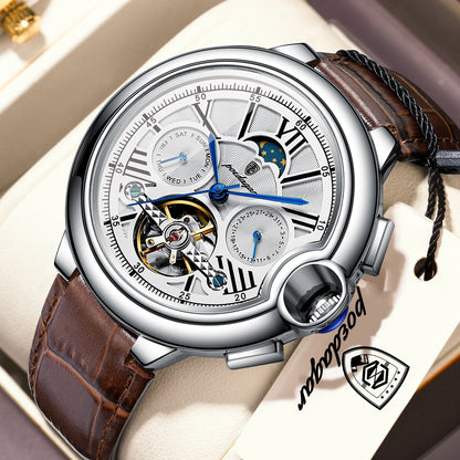 Reloj de lujo para hombre POEDAGAR: modelo automático mecánico con indicador de fecha y día, correa de piel, tourbillon, resistente al agua, estilo elegante y profesional.