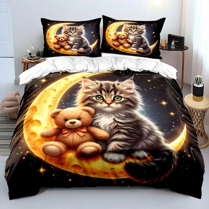Cute Cat and Teddy on Moon Pattern Duvet Cover Set Digital Print Colorful Polyester Bedding with Zipper Closur for kids gifts