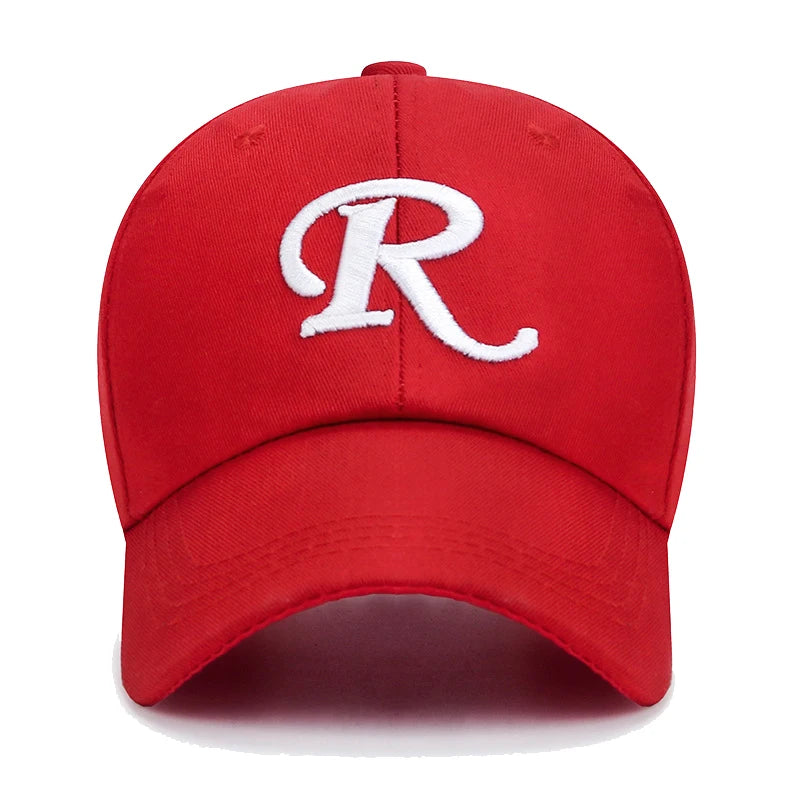 Casquette de baseball à visière rigide ajustable en coton brodé avec ruban en forme de lettre « R », casquette de soleil, casquette de camionneur, casquette hip-hop