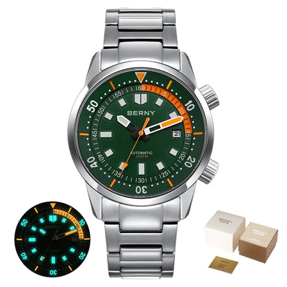 Relógio de mergulho BERNY para homem, automático mecânico, 200M impermeável, superluminoso, 42mm, safira, para natação e mergulho