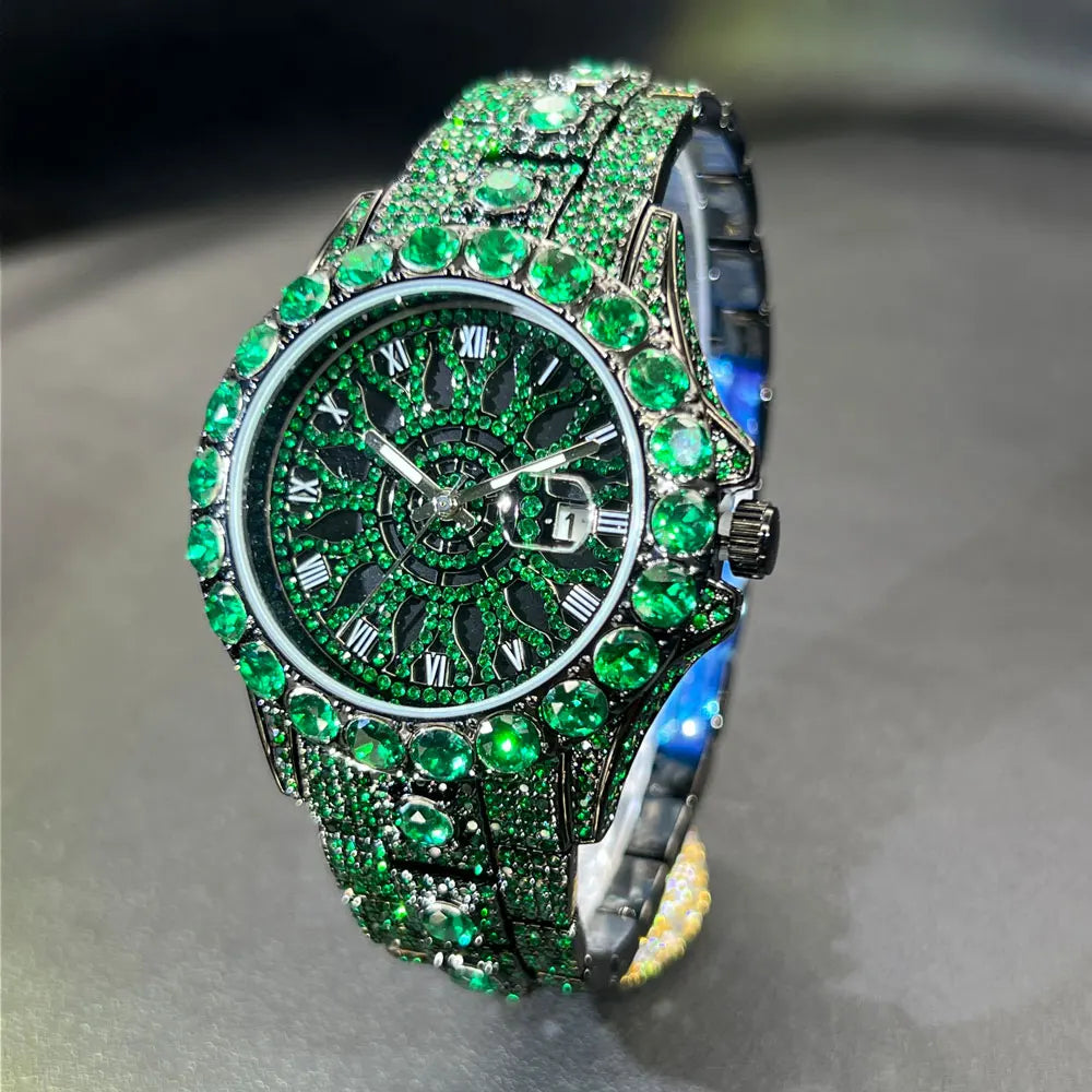 MISSFOX Fashion lced Out Silver Mens Watch Luxury Calendar Waterproof Watch For Man Hip Hop High Quality Big Diamond Wristwatch