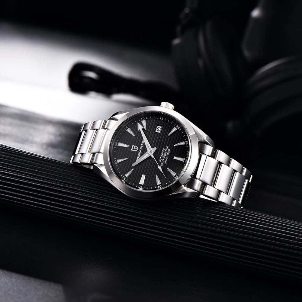 Luxusuhr für Herren von PAGANI DESIGN – Mechanisches Automatikmodell (Kaliber 8215), aus Edelstahl, wasserdicht, mit Datumsanzeige und leuchtenden Zeigern