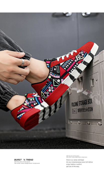 YRZL Men's Sports Running Shoes Canvas Geometric Style Lace-Up Sneakers Couples' Fashionable Graffiti Print Skate Shoes