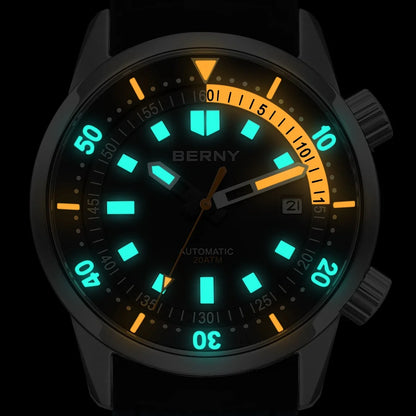 Relógio de mergulho BERNY para homem, automático mecânico, 200M impermeável, superluminoso, 42mm, safira, para natação e mergulho