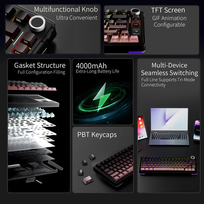 Tastiera meccanica AULA S75 PRO 75% layout personalizzato, retroilluminazione RGB, wireless Bluetooth, tastiera da gaming con schermo e manopola