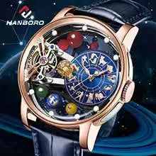 HANBORO mechanisch herenhorloge – Automatisch uurwerk, wekker, uursignaal, waterdicht tot 100 m, saffierglas, stalen kast, elegante en unieke stijl.