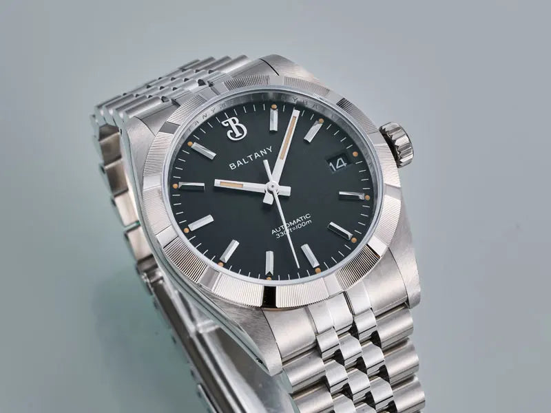 Baltany S4102 Business Men's Automatic Mechanical Wristwatch 36mm Linen Dial Engine Turned Bezel NH35 Luxury Dress Watch