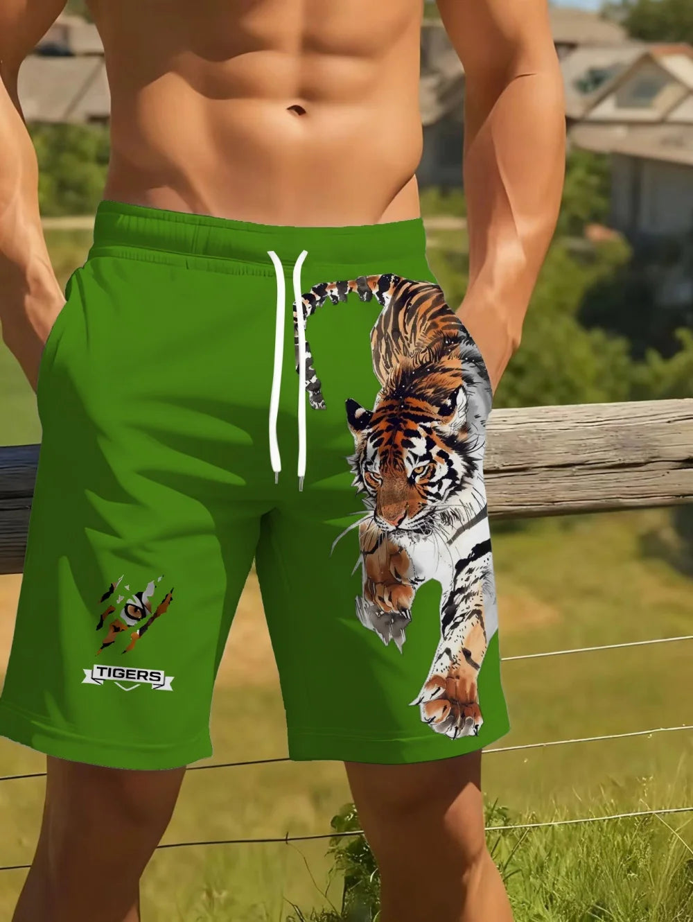Men Beach Shorts Casual Animal 3D Print Tiger Graphics Drawstring Summer Running Shorts Loose Quick-Dry Sportswear Men Clothes