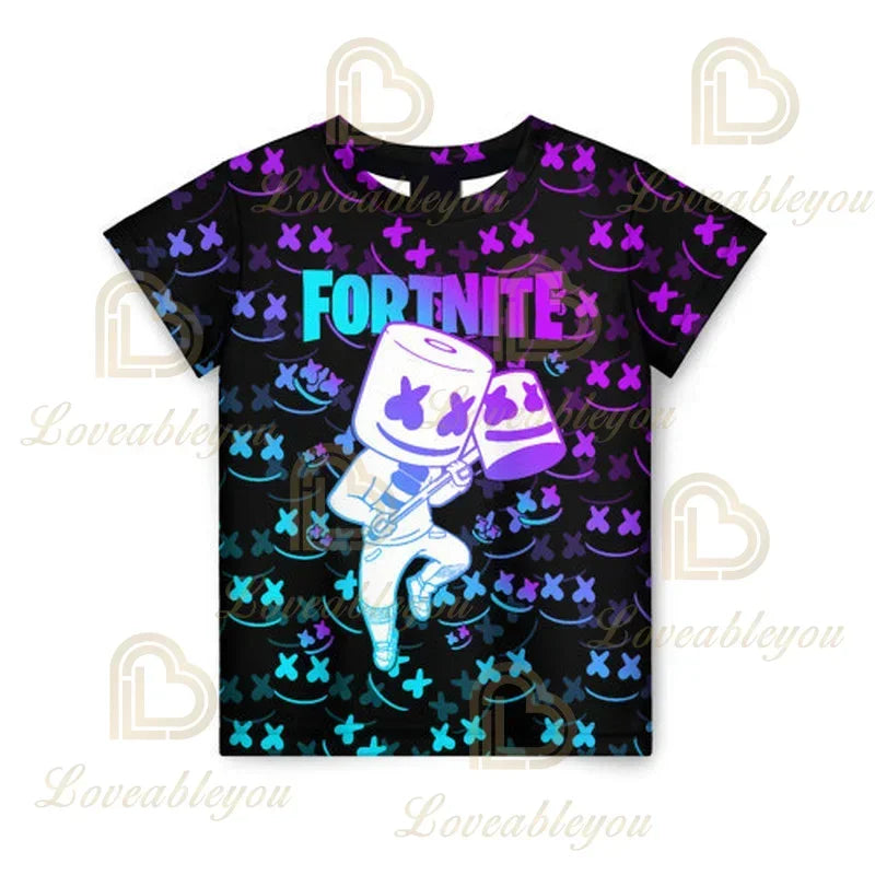 Fortnite T-Shirt für Erwachsene und Kinder, 3D-Digitaldruck, lockere Passform, große Größen, kurzärmeliges Sommer-Tee für Kinder