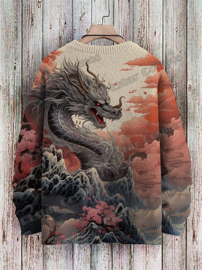 PLstar Cosmos retro pullover med drage- og hjortekunstmønster, 3D-printet strikpullover til mænd, vinter, unisex, casual striktrøje ZZM118