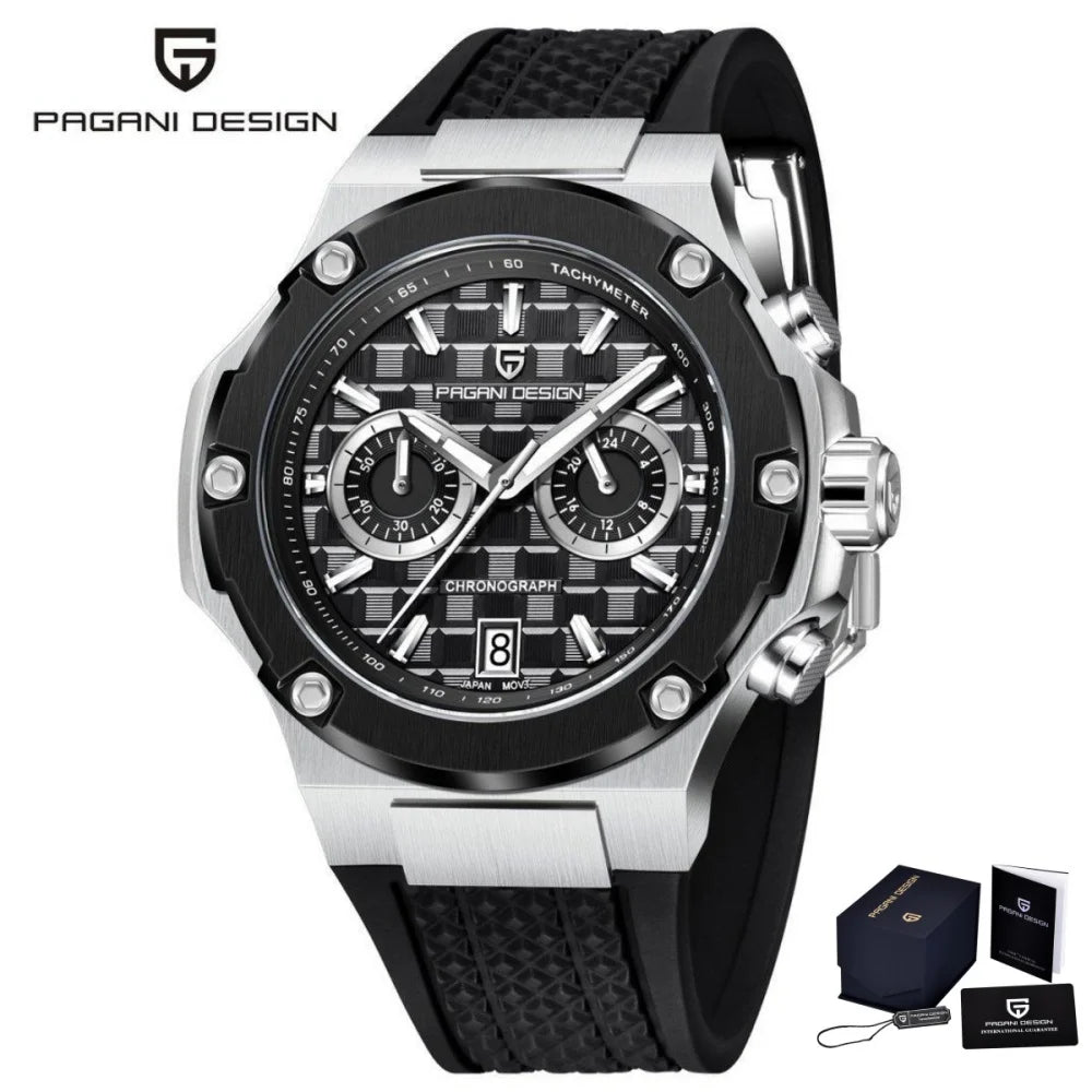 PAGANI DESIGN PD-YS032 Herren-Quarzuhr 44mm Japan VK64 Uhrwerk Edelstahlgehäuse Kautschukarmband Saphirglas 100M wasserdicht