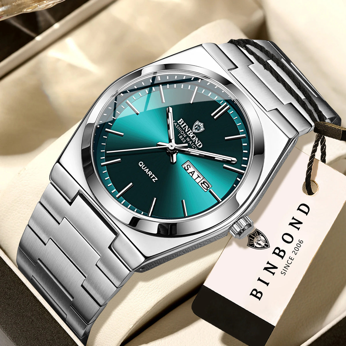 Reloj de pulsera de cuarzo de lujo BINBOND, luminiscente, resistente al agua, con indicación del día de la semana y fecha automática, correa de acero, estilo ejecutivo, deportivo, moderno y desenfadado.