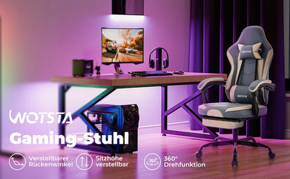 Cadeira Gaming WOTSTA com Apoio para Pés, Cadeira Gamer Ergonómica com Almofada Lombar, Apoio de Cabeça e Altura Ajustável para Computador
