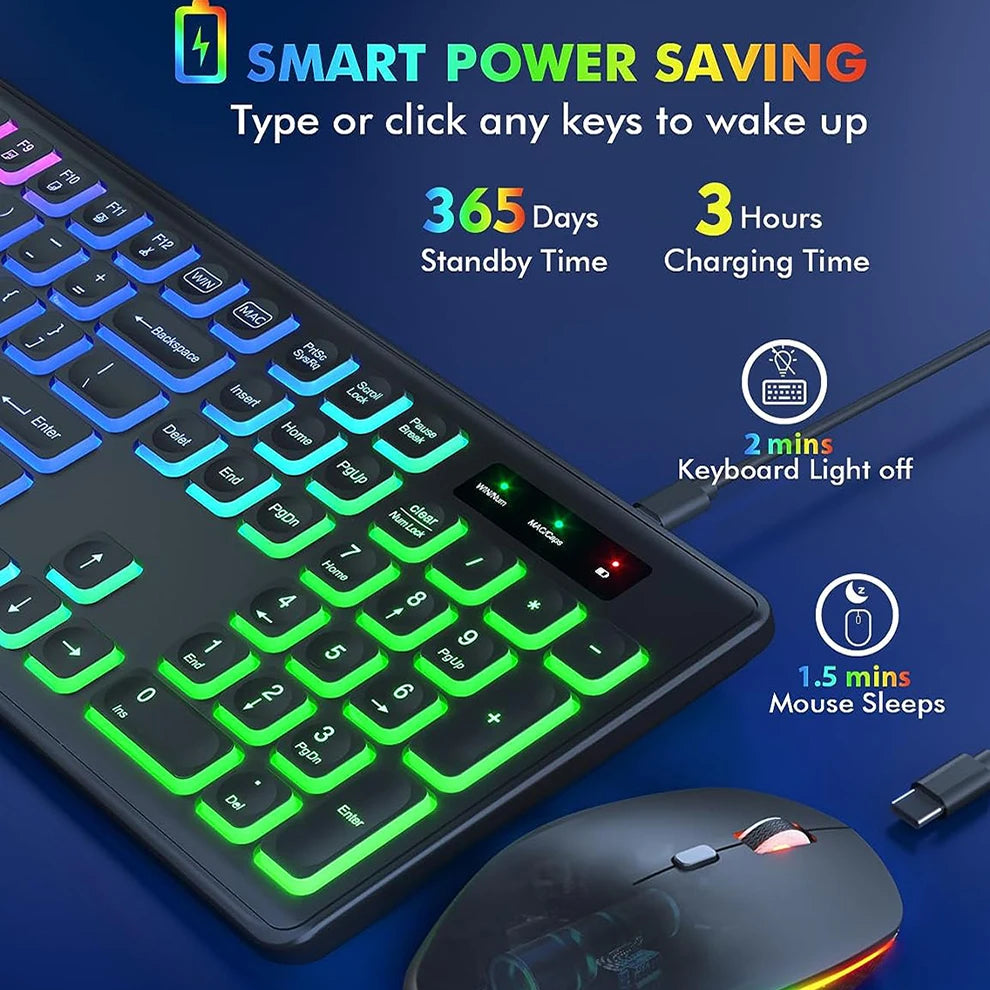 Kabellose Tastatur-Maus-Kombination mit RGB-Hintergrundbeleuchtung, wiederaufladbaren beleuchteten Tasten, Full-Size-Format, ergonomischem Design, Schlafmodus, 2.4GHz