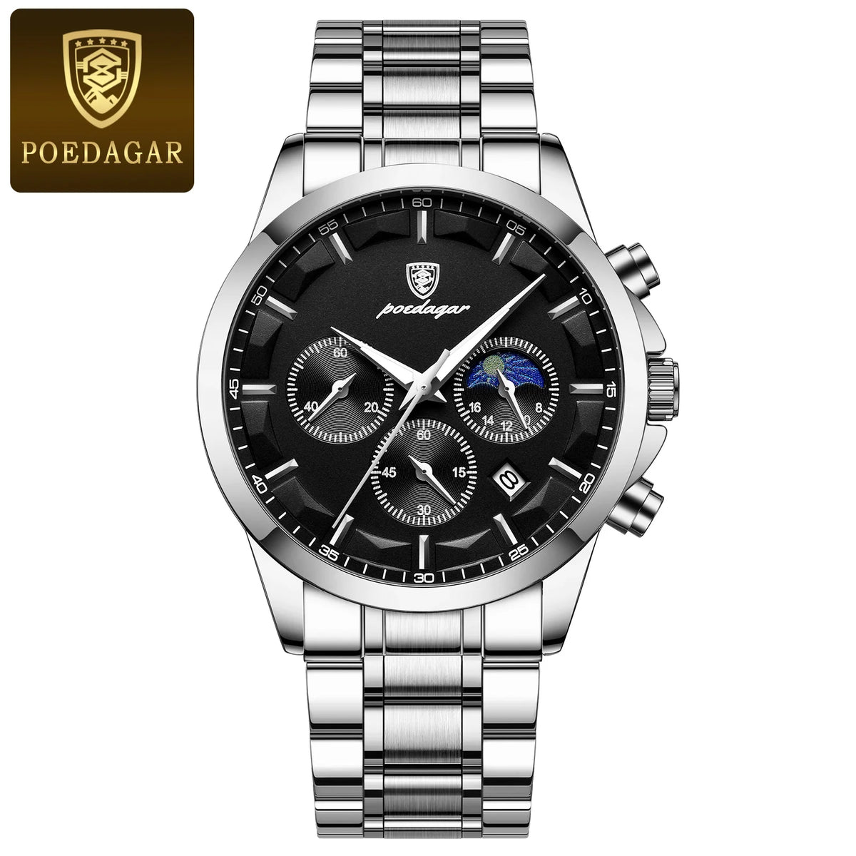 Orologio da polso di lusso da uomo POEDAGAR, stile militare, impermeabile, luminescente, cronografo, in acciaio inossidabile, al quarzo, con custodia.