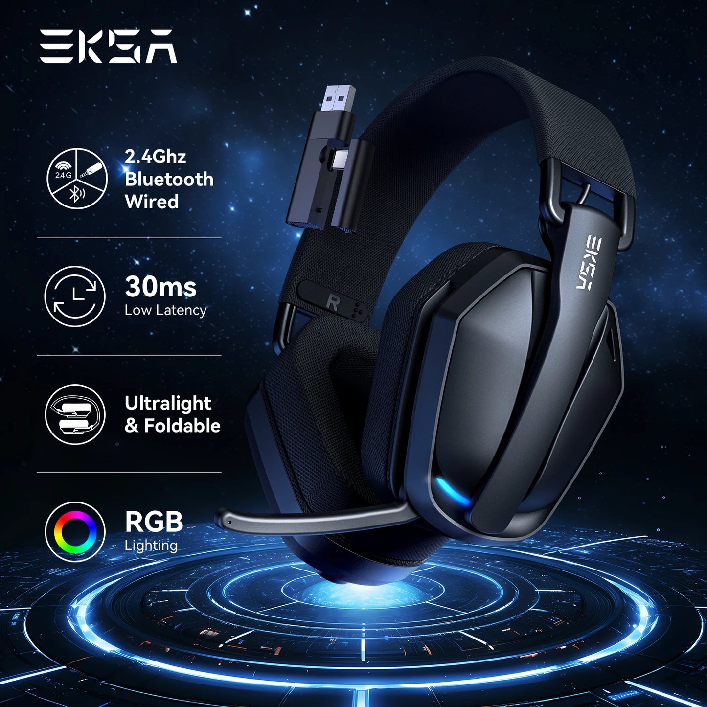 Auriculares gaming inalámbricos trimodo EKSA G19BT – Bluetooth 5.4, auriculares gaming 2.4GHz de baja latencia con micrófono para PC, PS5, Xbox