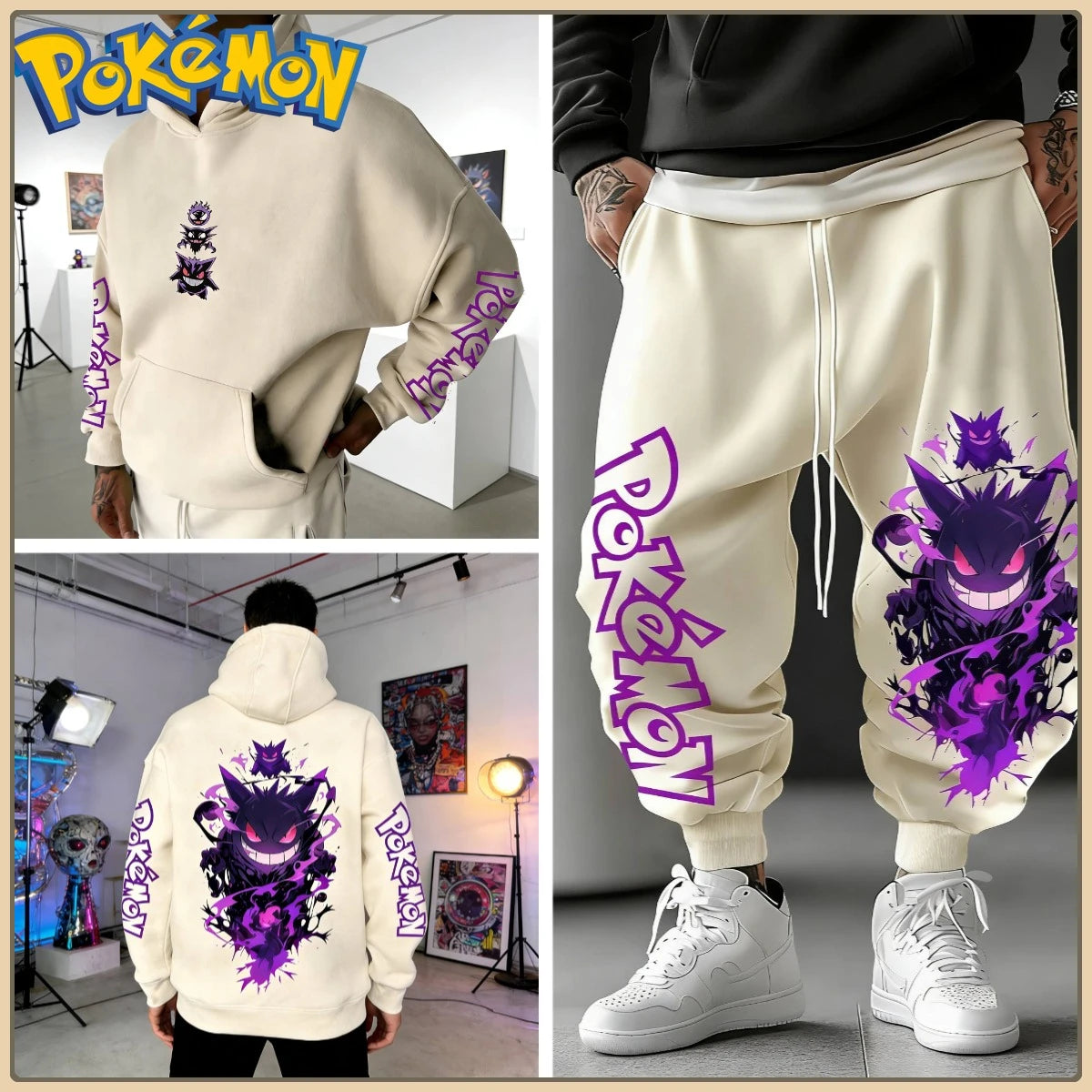 Black Hoodie and Pants Set with Pokemon Character Print Sleeve and Side Text Streetwear Anime Tracksuit for Men Unisex Casual