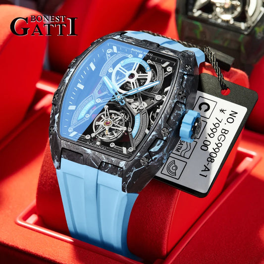 BONEST GATTI Men Automatic Mechanical Watch Skeleton Dial Sapphire Crystal Fluororubber Strap Waterproof Luminous Business Watch