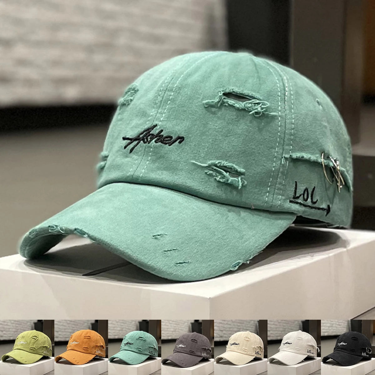 Unisex „Asher“ siuvinėjimas, su skylutėmis, metalinis žiedas, beisbolo kepurės, lauko, reguliuojamos, pavasario ir rudens, kasdienės, apsaugančios nuo saulės