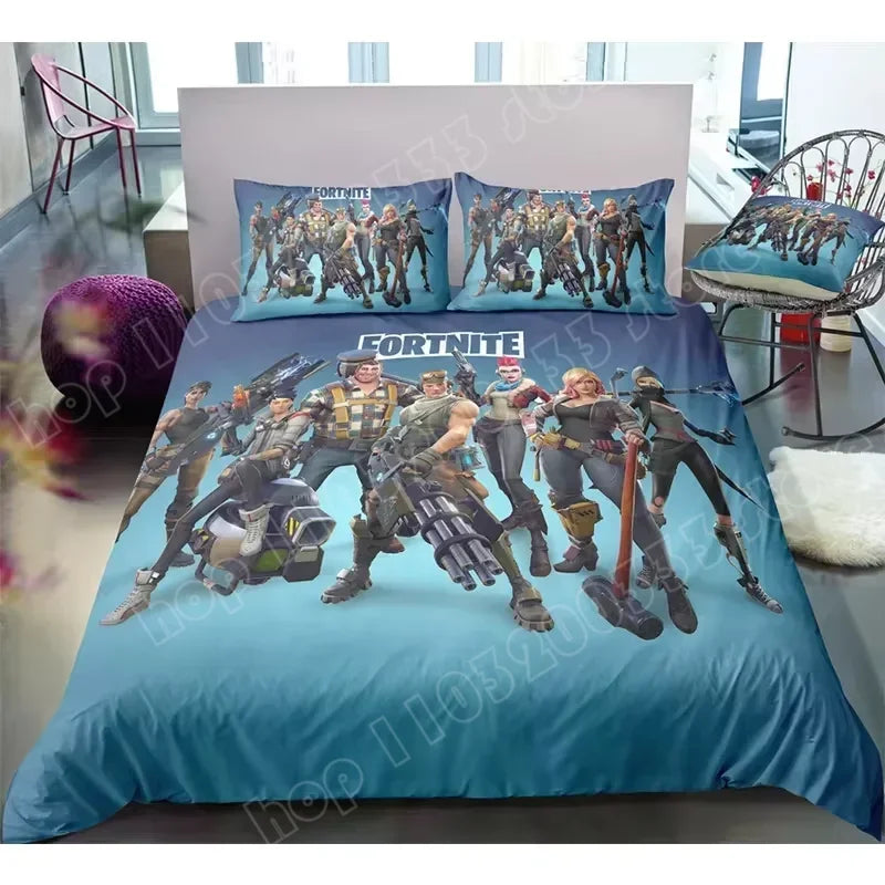 Fortnite-Bettwäsche-Set, Bettbezug, 3-teilig, 3D-bedruckte Schlafzimmer-Bettwäsche, Game-Anime-Cartoon-Kissenbezug, Zimmerdekoration, Geschenk