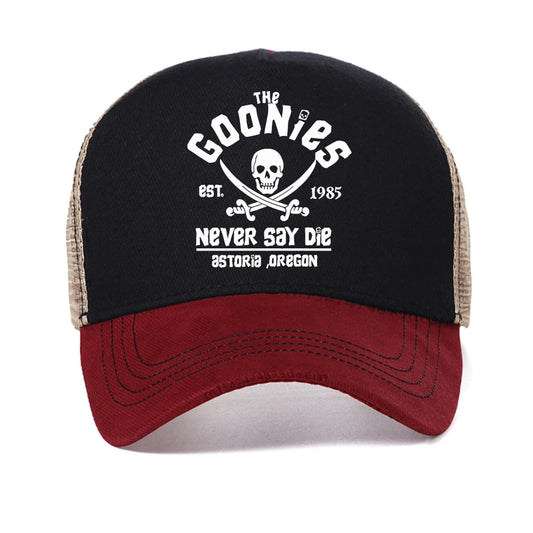 The Goonies Est 1985 Never Say Die miesten baseball-lippis, kesäinen verkkokankainen snapback-lippalakki, muodikas hengittävä vapaa-ajan aurinkohattu ulkokäyttöön