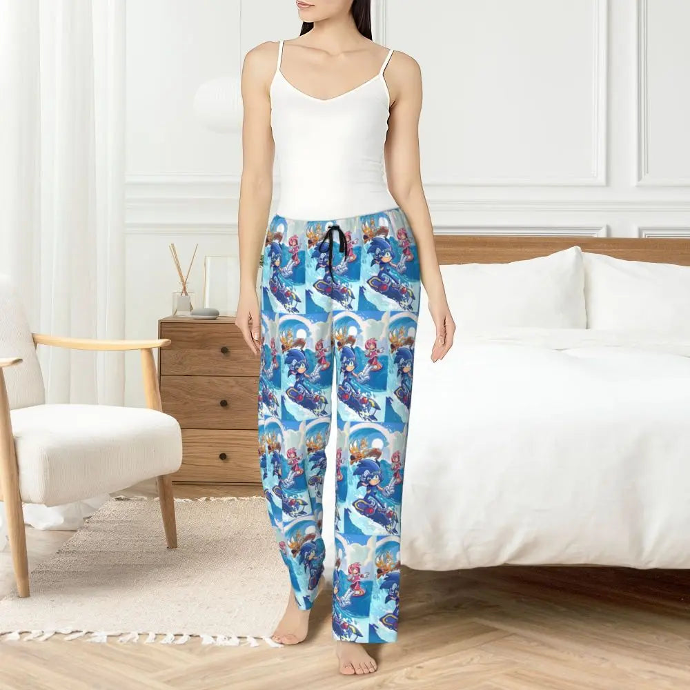 Custom Printed Womens Soniced Pajama Pants Hedgehog Game Sleepwear Sleep Lounge Bottoms with Pockets