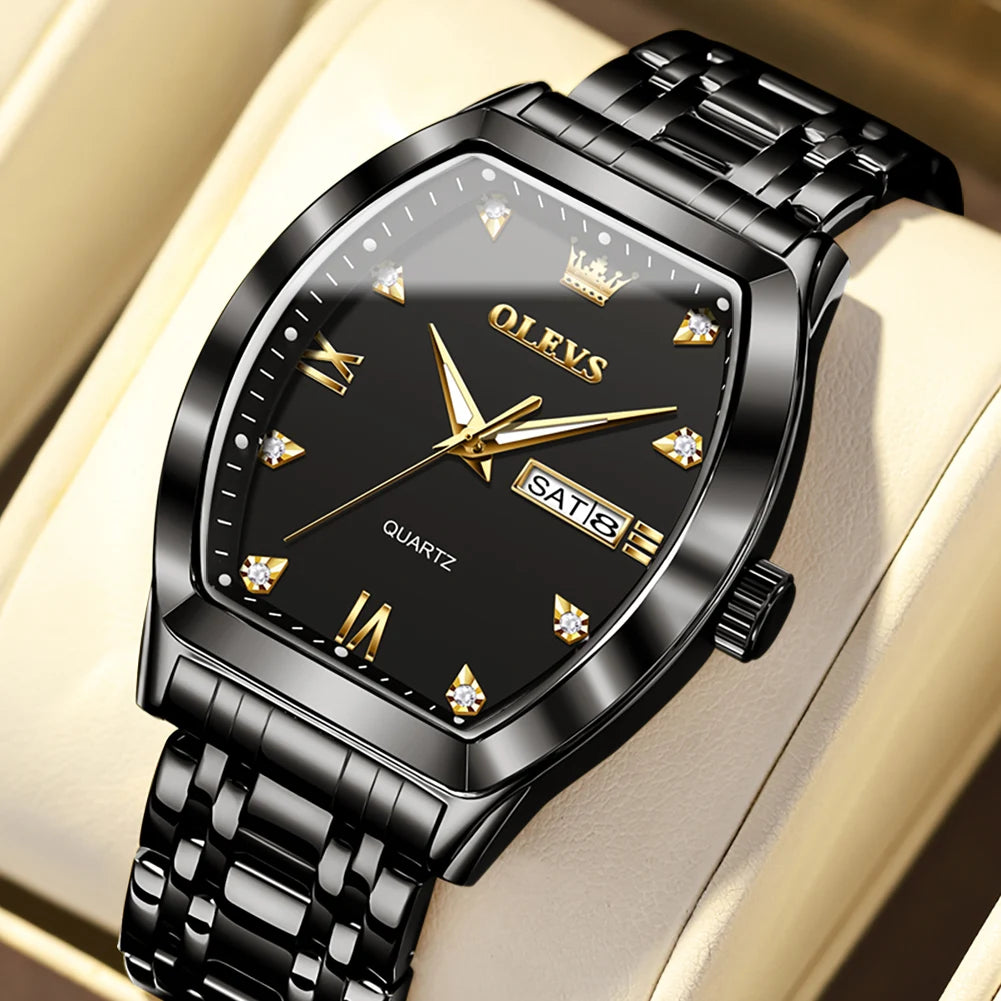 Reloj para hombre OLEVS, modelo de lujo con forma de barril, reloj de cuarzo de una marca de prestigio, resistente al agua, con indicador de día y fecha, y agujas luminiscentes.
