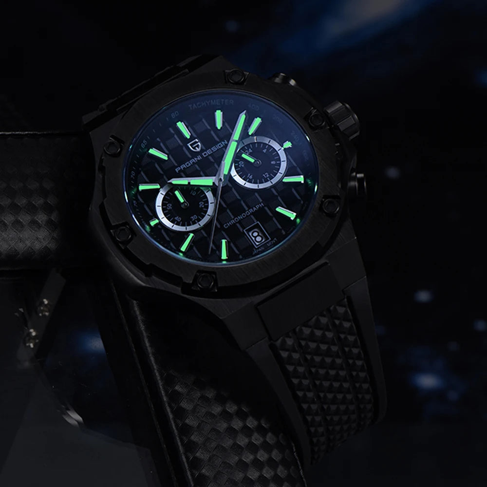 Křemenné pánské hodinky PAGANI DESIGN – luxusní sportovní chronograf, vodotěsný, s luminiscenčními ručičkami a safírovým sklem s antireflexní úpravou