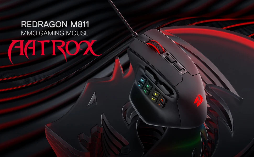 Redragon M811 Aatrox MMO žaidimų pelė, laidinė RGB žaidėjų pelė su 15 programuojamų mygtukų ir ergonomišku natūralaus suėmimo dizainu