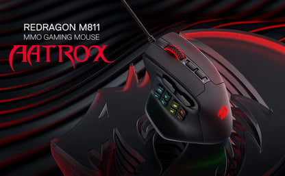 Redragon M811 Aatrox MMO žaidimų pelė, laidinė RGB žaidėjų pelė su 15 programuojamų mygtukų ir ergonomišku natūralaus suėmimo dizainu