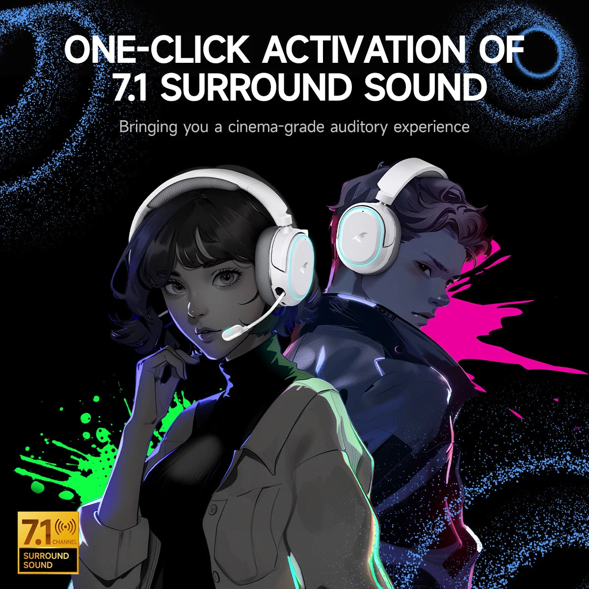 Auriculares gaming inalámbricos Picun G2 Bluetooth 5.3 – Sonido envolvente 7.1, auriculares gaming de baja latencia de 5ms con micrófono ENC para PC, PS5, PS4, Switch y móvil