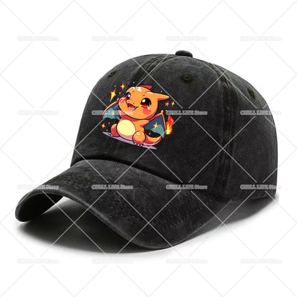Casquette de baseball délavée pour adulte « Kawaii Pokémon » : Pikachu, Mewtwo, Bulbasaur. Casquette à visière. Motif mignon de dessin animé. Pour hommes et femmes. Protection solaire pour le voyage, la plage et le soleil.