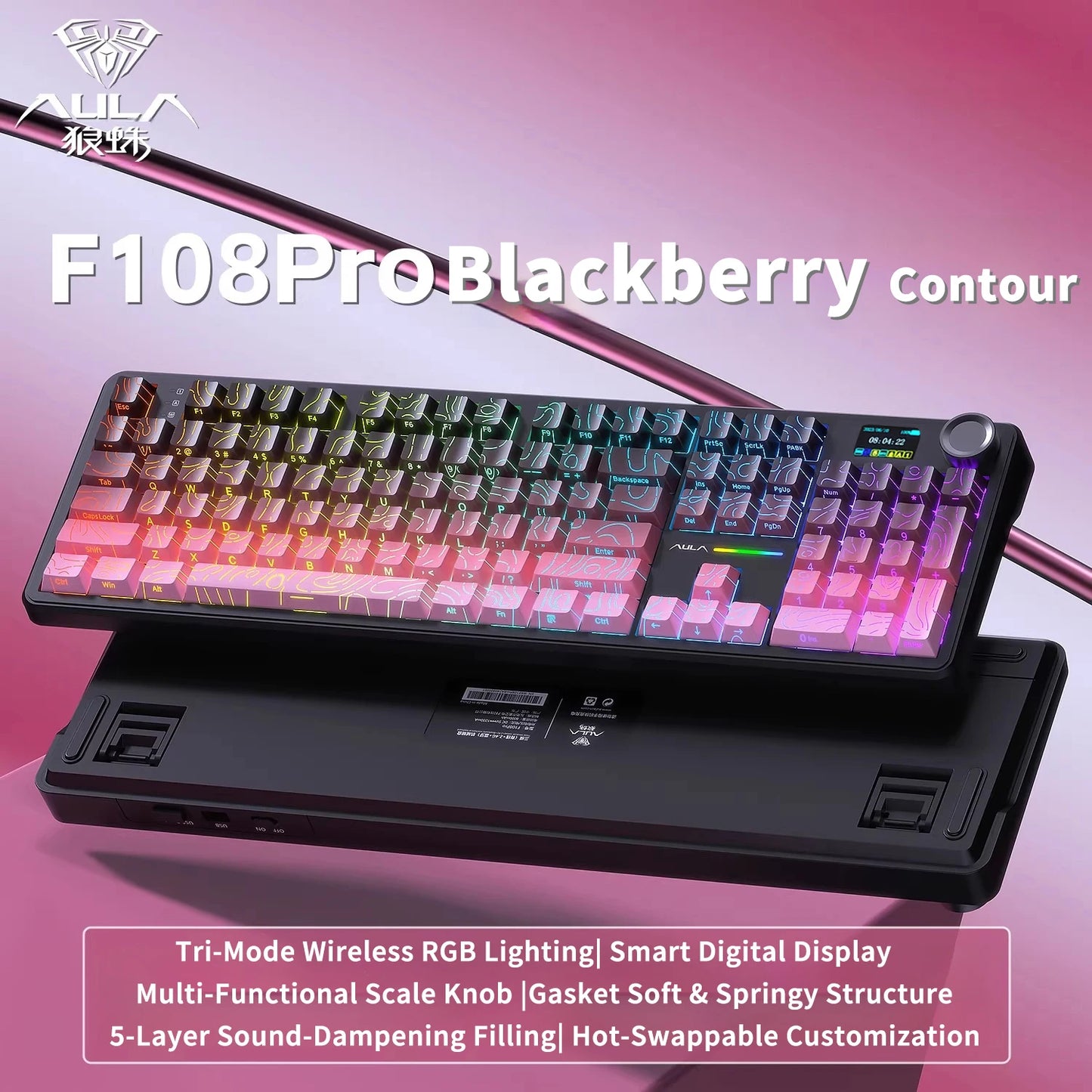 Tastiera meccanica AULA F108 PRO Custom, layout 100%, retroilluminazione RGB, Bluetooth wireless, switch Hi-Fi, tastiera gaming